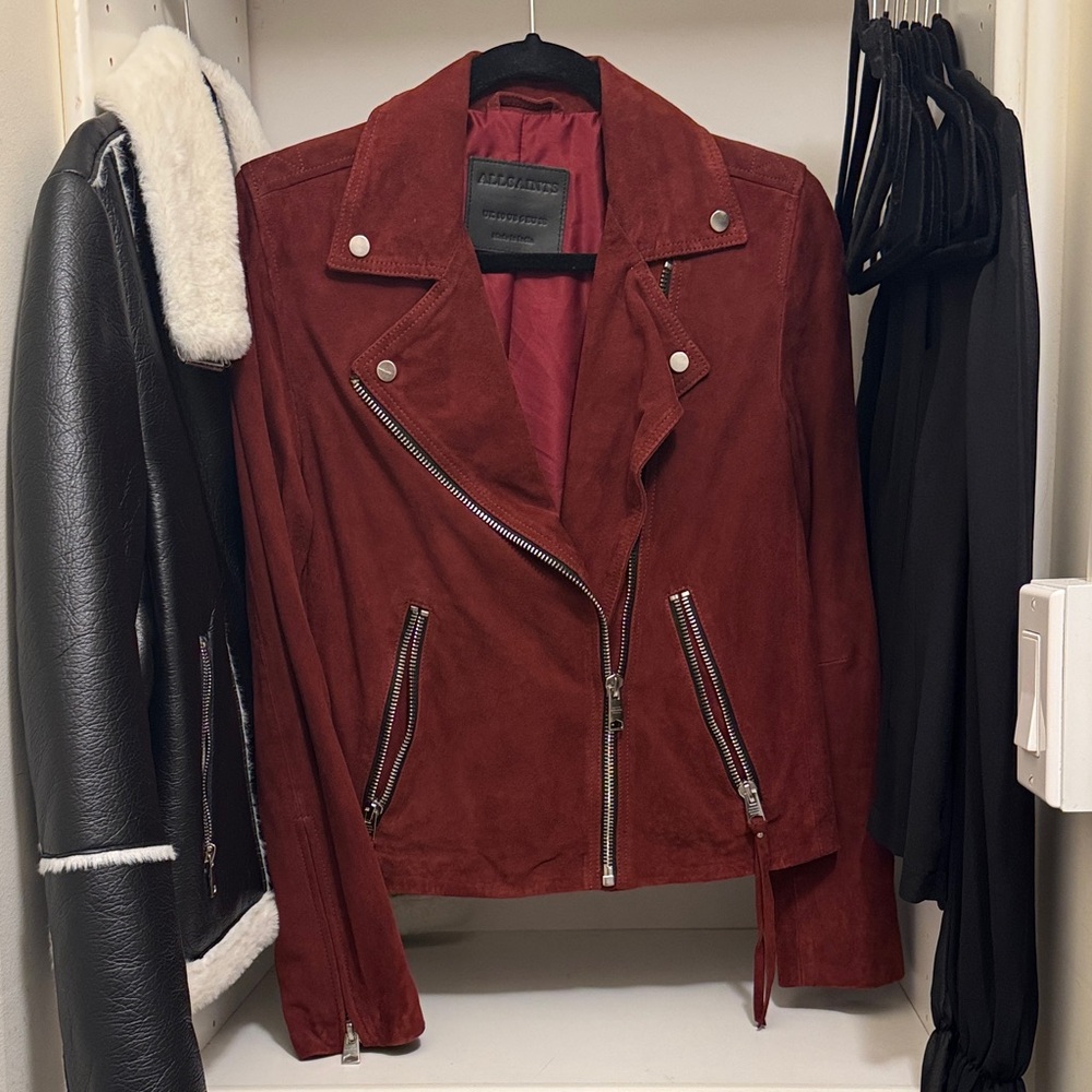 All Saints Burgundy Suede Biker Jacket